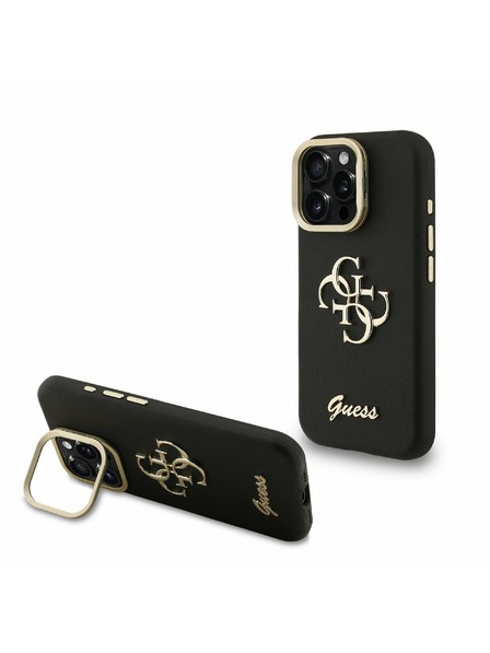 Guess Guess PU Grained 4G Logo Stand Camera Frame Zadný kryt pre iPhone 15 Pro Max Čierny