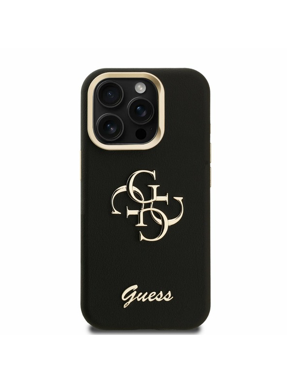 Guess Guess PU Grained 4G Logo Stand Camera Frame Zadný kryt pre iPhone 15 Pro Max Čierny
