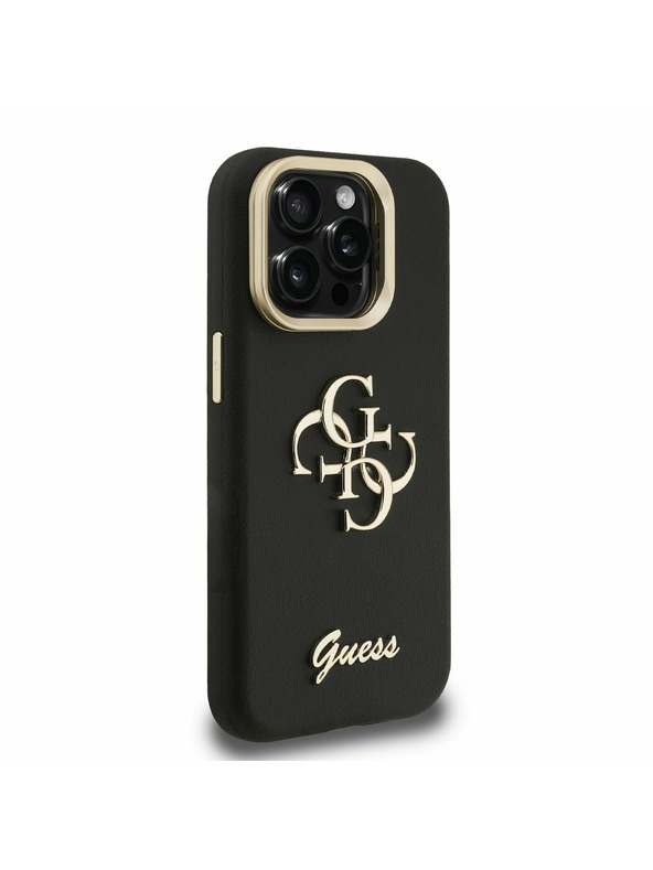 Guess Guess PU Grained 4G Logo Stand Camera Frame Zadný kryt pre iPhone 15 Pro Max Čierny