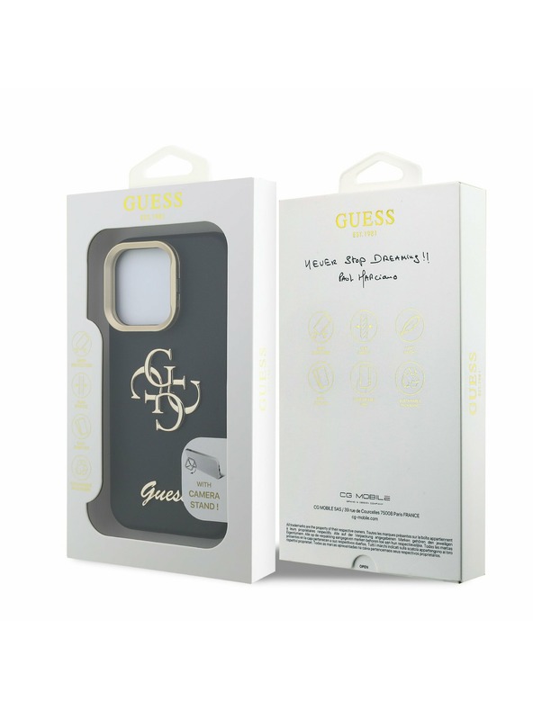 Guess Guess PU Grained 4G Logo Stand Camera Frame Zadný kryt pre iPhone 15 Pro Max Čierny