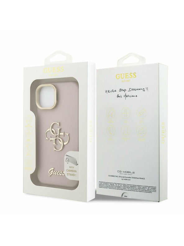 Guess Guess PU Grained 4G Logo Stand Camera Frame Zadný kryt pre iPhone 13 Ružový