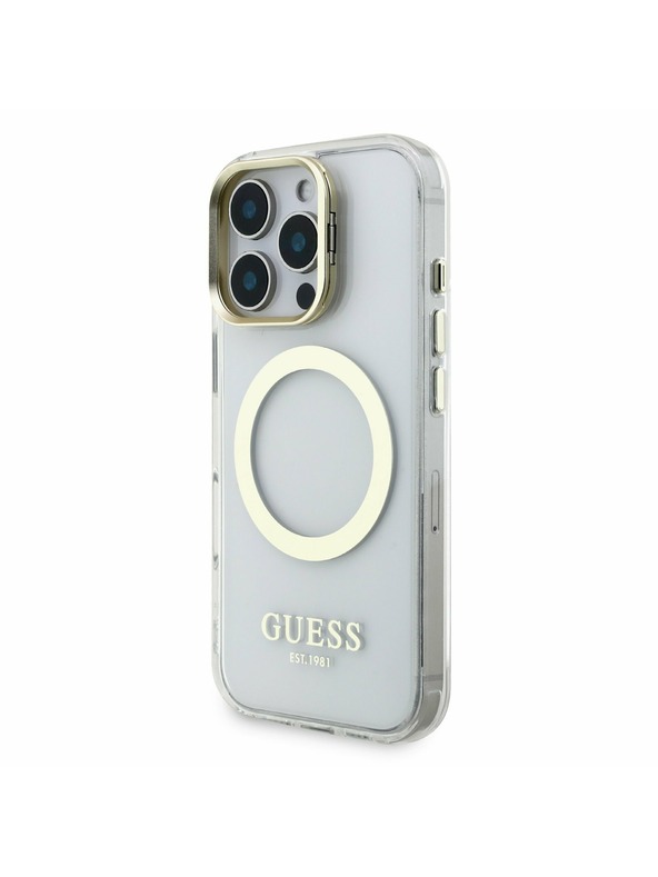 Guess Guess IML Gold Outline Stand Camera Frame MagSafe Zadný kryt pre iPhone 16 Pro Priehľadný