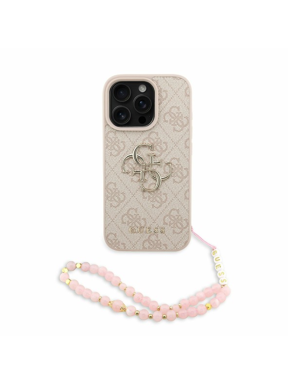 Guess Guess PU 4G Metal Logo Popruh Zadný kryt pre iPhone 16 Pro Ružový