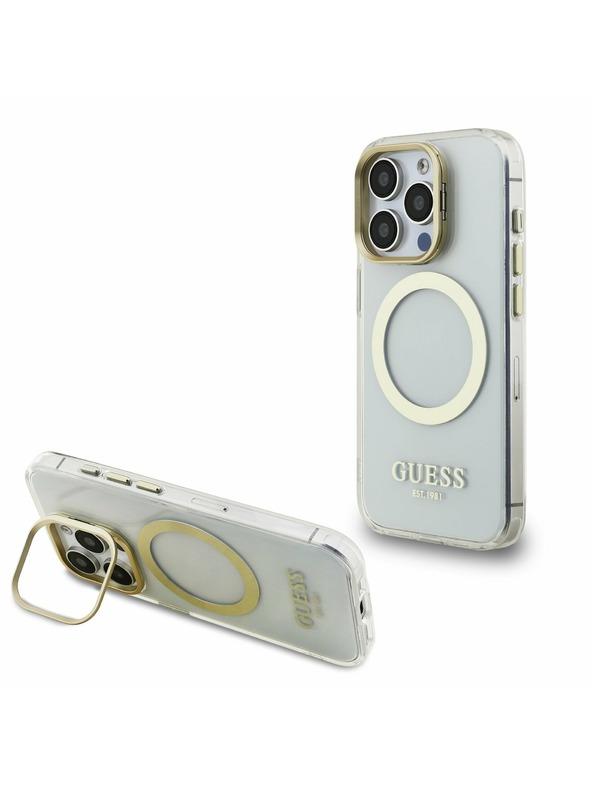Guess Guess IML Gold Outline Stand Camera Frame MagSafe Zadný kryt pre iPhone 15 Pro Max Priehľadný