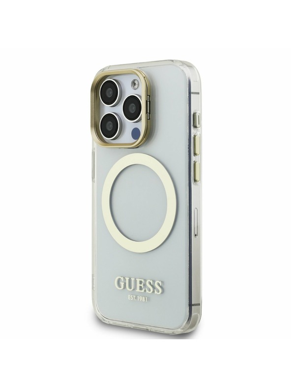 Guess Guess IML Gold Outline Stand Camera Frame MagSafe Zadný kryt pre iPhone 15 Pro Max Priehľadný