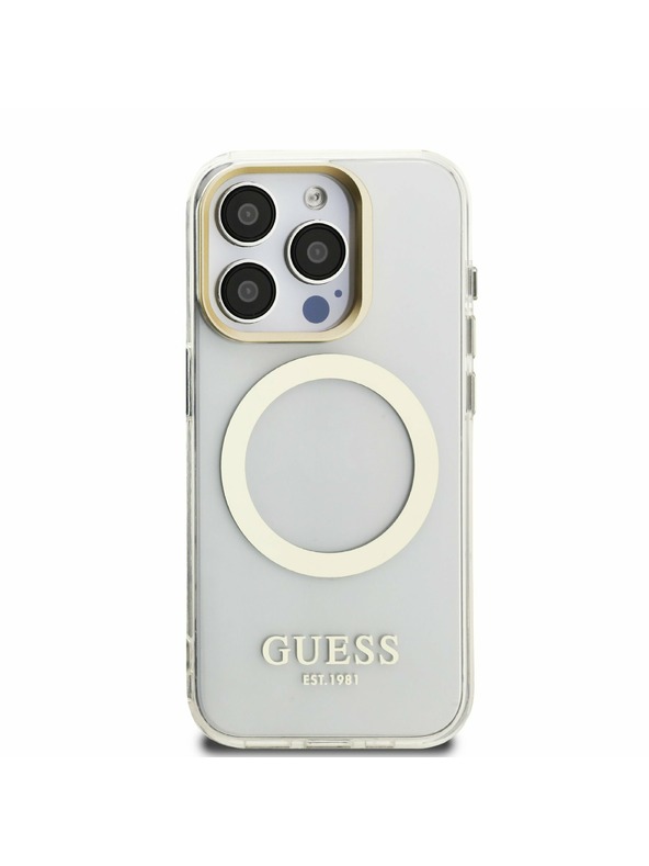 Guess Guess IML Gold Outline Stand Camera Frame MagSafe Zadný kryt pre iPhone 15 Pro Max Priehľadný