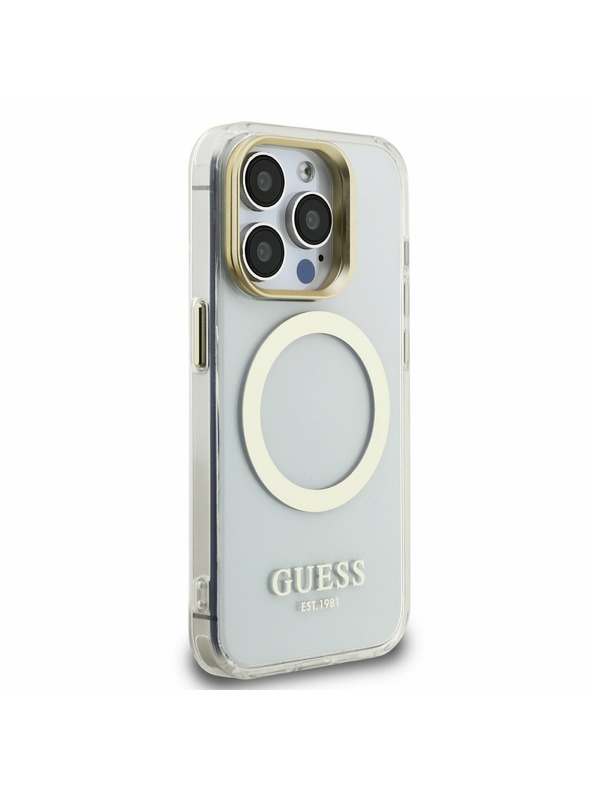 Guess Guess IML Gold Outline Stand Camera Frame MagSafe Zadný kryt pre iPhone 15 Pro Max Priehľadný