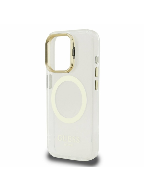 Guess Guess IML Gold Outline Stand Camera Frame MagSafe Zadný kryt pre iPhone 15 Pro Max Priehľadný