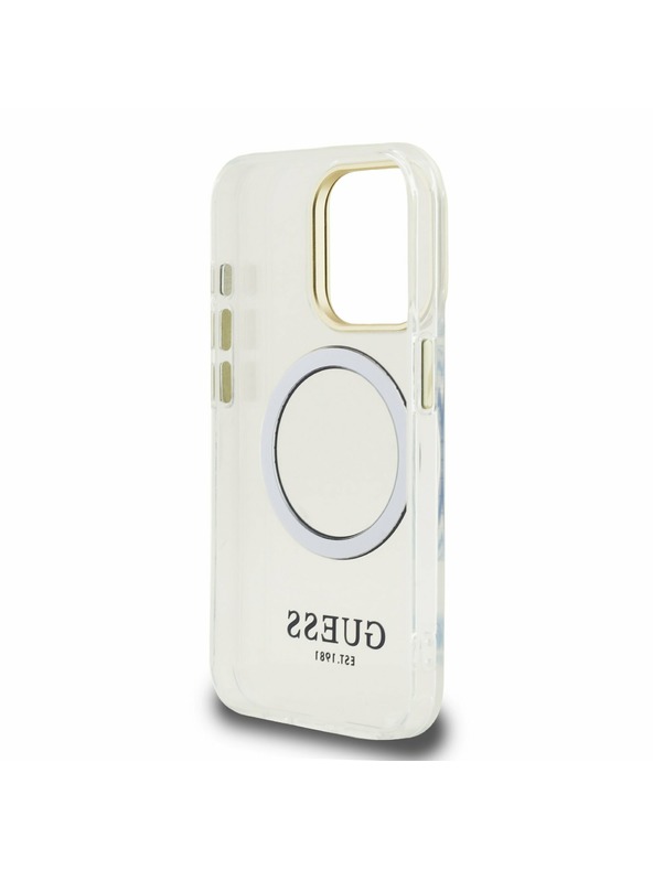 Guess Guess IML Gold Outline Stand Camera Frame MagSafe Zadný kryt pre iPhone 15 Pro Max Priehľadný