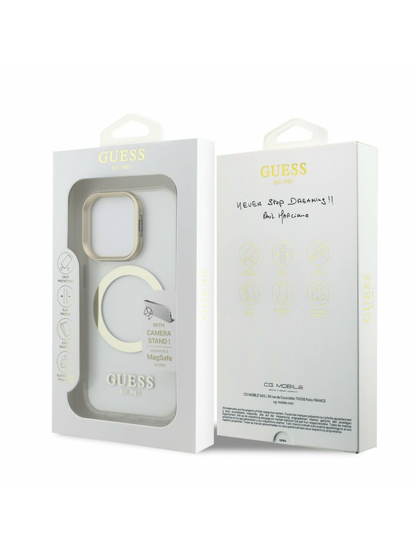 Guess Guess IML Gold Outline Stand Camera Frame MagSafe Zadný kryt pre iPhone 15 Pro Max Priehľadný