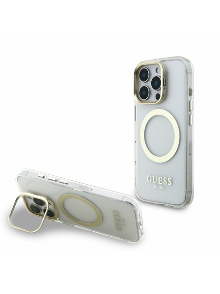 Guess Guess IML Gold Outline Stand Camera Frame MagSafe Zadný kryt pre iPhone 16 Pro Max Priehľadný