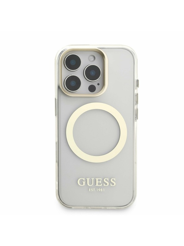 Guess Guess IML Gold Outline Stand Camera Frame MagSafe Zadný kryt pre iPhone 16 Pro Max Priehľadný