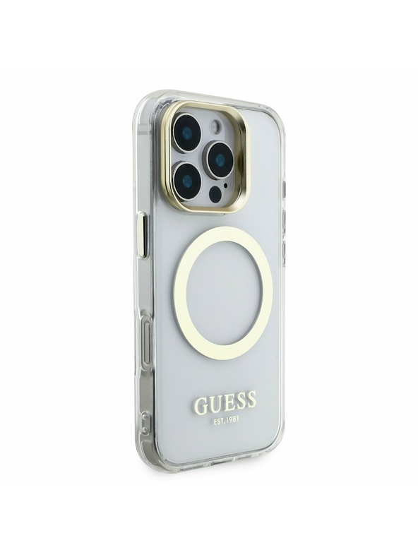 Guess Guess IML Gold Outline Stand Camera Frame MagSafe Zadný kryt pre iPhone 16 Pro Max Priehľadný