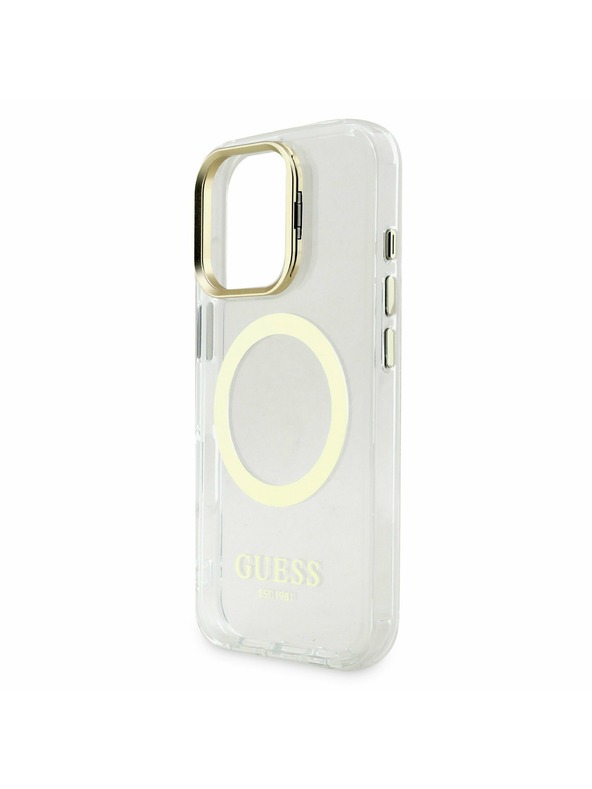 Guess Guess IML Gold Outline Stand Camera Frame MagSafe Zadný kryt pre iPhone 16 Pro Max Priehľadný