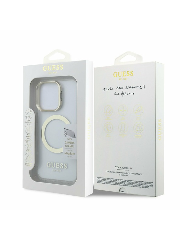 Guess Guess IML Gold Outline Stand Camera Frame MagSafe Zadný kryt pre iPhone 16 Pro Max Priehľadný