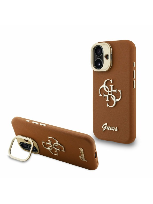 Guess Guess PU Grained 4G Logo Stand Camera Frame Zadný Kryt pre iPhone 16 Brown