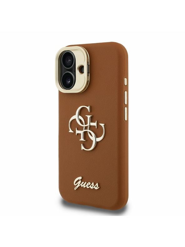 Guess Guess PU Grained 4G Logo Stand Camera Frame Zadný Kryt pre iPhone 16 Brown
