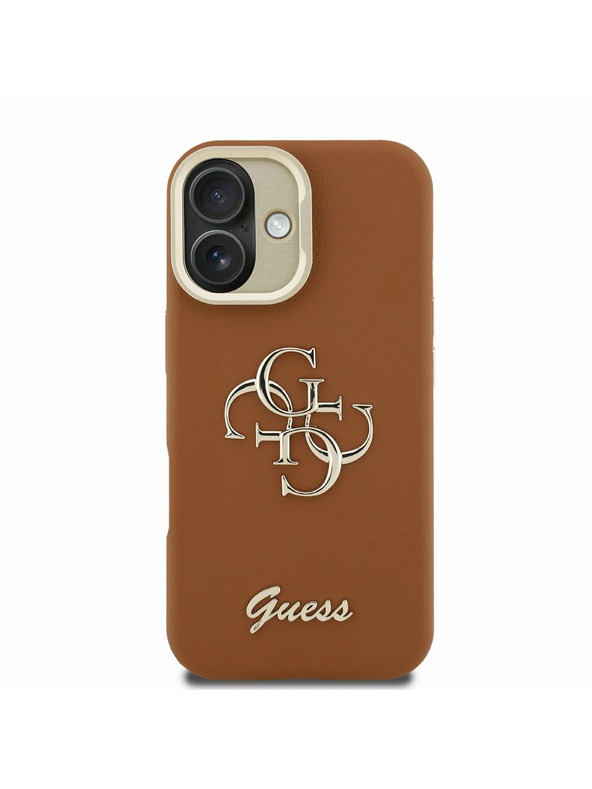 Guess Guess PU Grained 4G Logo Stand Camera Frame Zadný Kryt pre iPhone 16 Brown