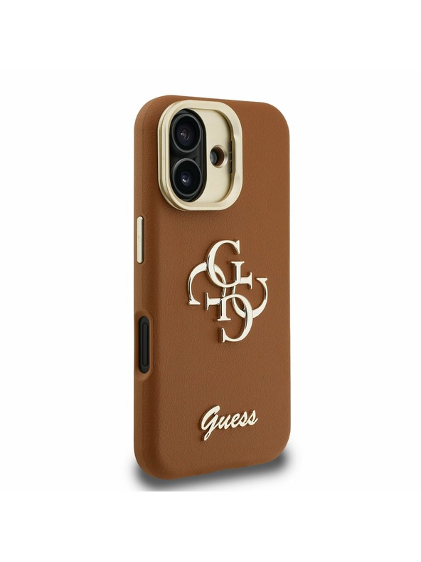 Guess Guess PU Grained 4G Logo Stand Camera Frame Zadný Kryt pre iPhone 16 Brown