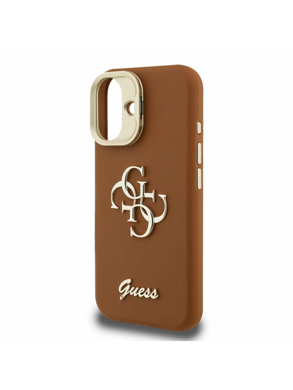 Guess Guess PU Grained 4G Logo Stand Camera Frame Zadný Kryt pre iPhone 16 Brown