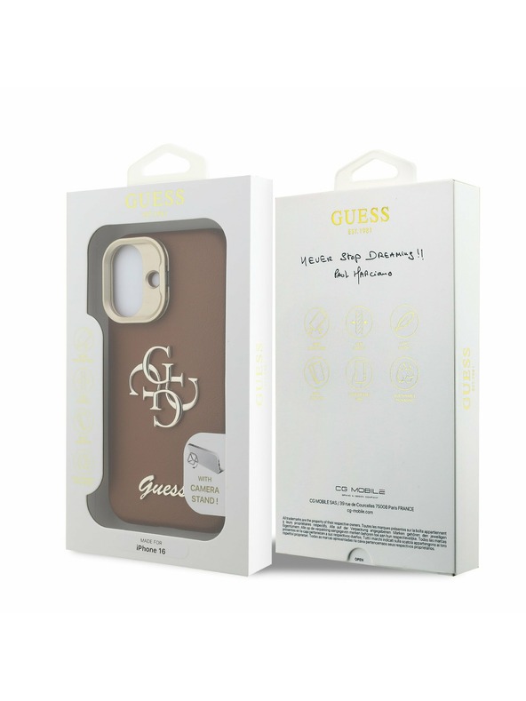 Guess Guess PU Grained 4G Logo Stand Camera Frame Zadný Kryt pre iPhone 16 Brown