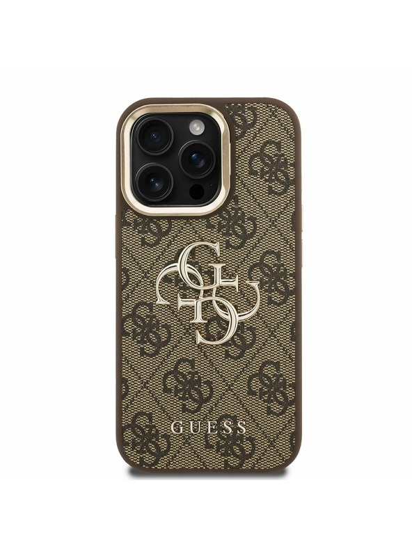 Guess Guess PU 4G Metal Logo Stand Camera Frame Zadný Kryt pre iPhone 15 Pro Max Brown