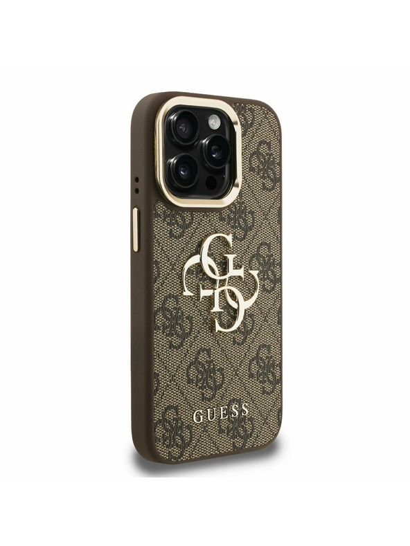 Guess Guess PU 4G Metal Logo Stand Camera Frame Zadný Kryt pre iPhone 15 Pro Max Brown