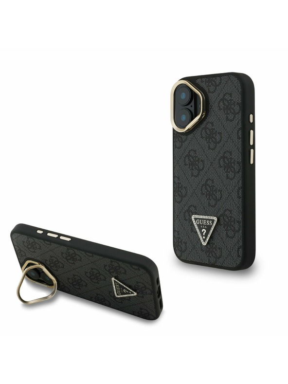 Guess Guess PU 4G Strass Triangle Logo Stand Camera Frame MagSafe Zadný Kryt pre iPhone 16 Black
