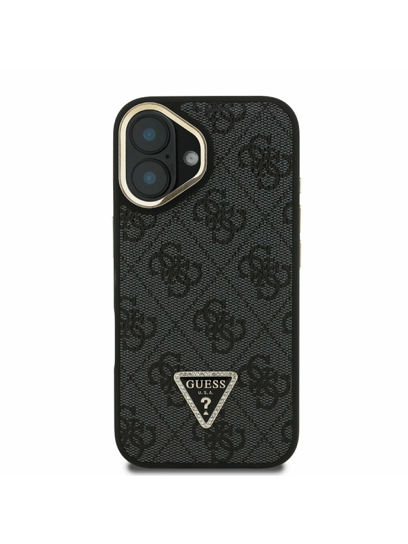 Guess Guess PU 4G Strass Triangle Logo Stand Camera Frame MagSafe Zadný Kryt pre iPhone 16 Black