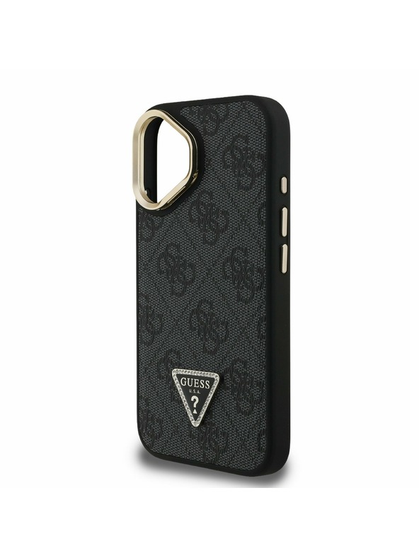Guess Guess PU 4G Strass Triangle Logo Stand Camera Frame MagSafe Zadný Kryt pre iPhone 16 Black