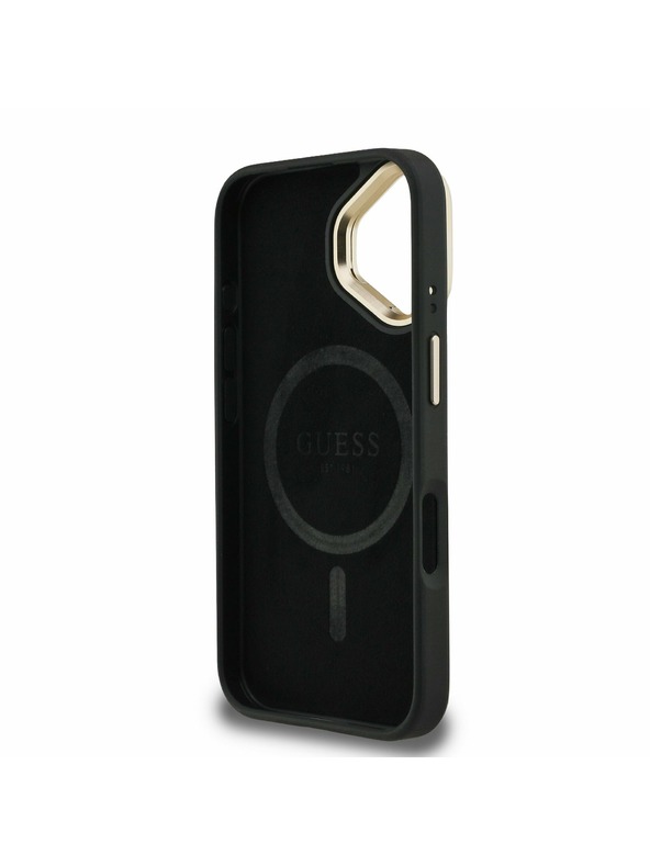 Guess Guess PU 4G Strass Triangle Logo Stand Camera Frame MagSafe Zadný Kryt pre iPhone 16 Black