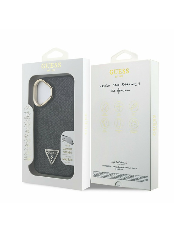 Guess Guess PU 4G Strass Triangle Logo Stand Camera Frame MagSafe Zadný Kryt pre iPhone 16 Black