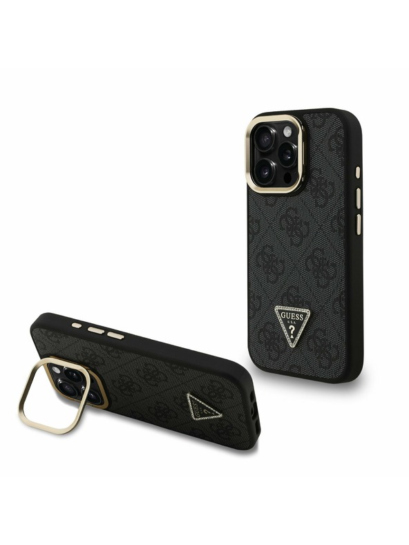 Guess Guess PU 4G Strass Triangle Logo Stand Camera Frame MagSafe Zadný kryt pre iPhone 16 Pro Max Black