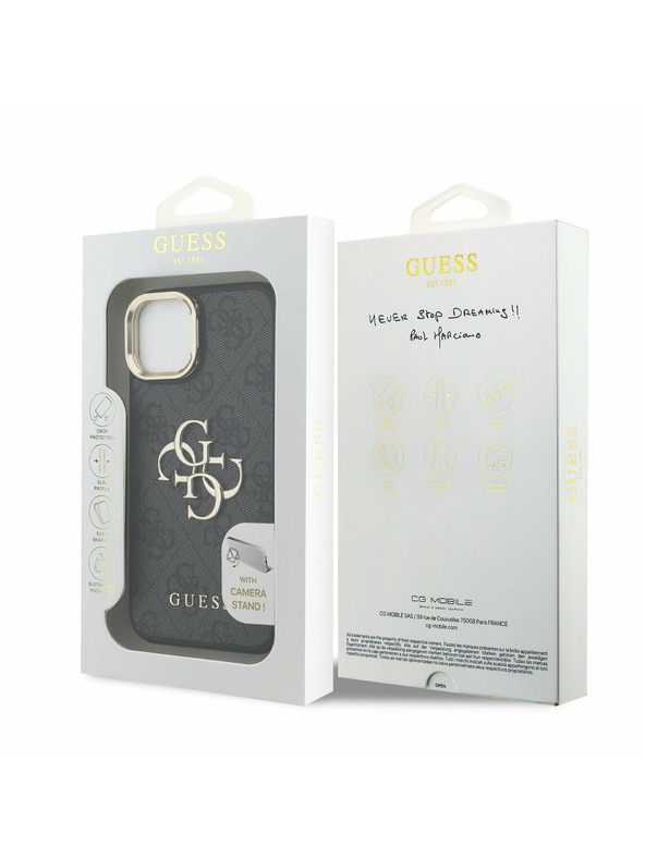 Guess Guess PU 4G Kovové logo Stand Camera Frame Zadný kryt pre iPhone 14 Black