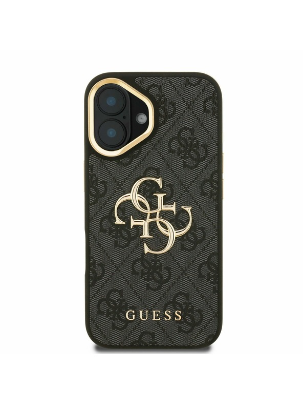 Guess Guess PU 4G Kovové logo Stand Camera Frame Zadný kryt pre iPhone 16 Black