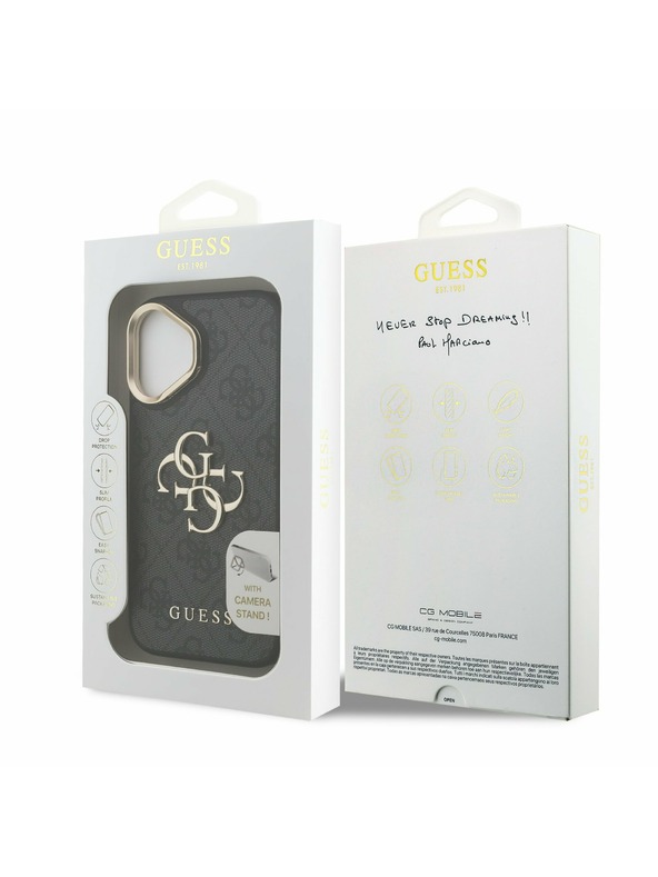 Guess Guess PU 4G Kovové logo Stand Camera Frame Zadný kryt pre iPhone 16 Black