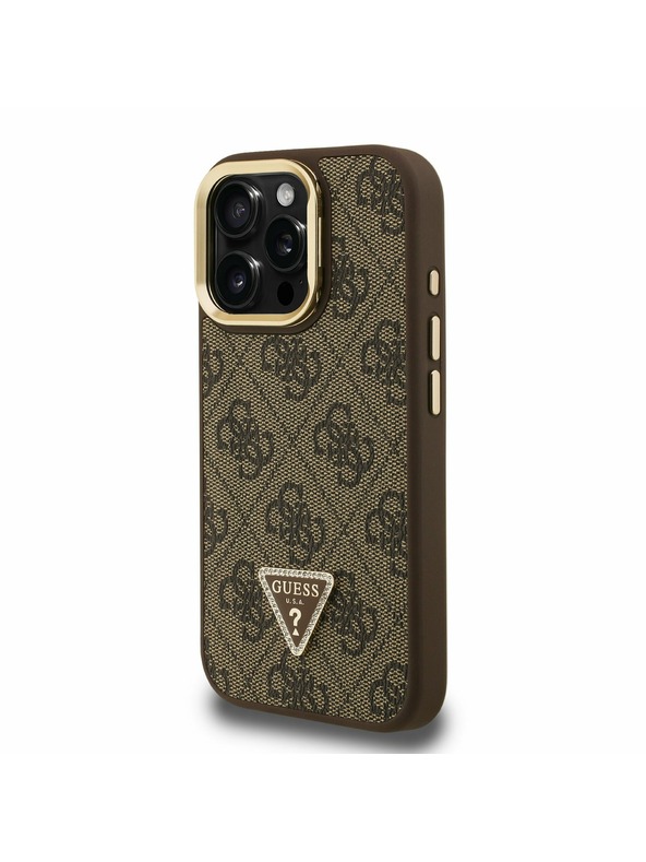 Guess Guess PU 4G Strass Triangle Logo Stand Camera Frame MagSafe Zadný kryt pre iPhone 15 Pro Max Brown