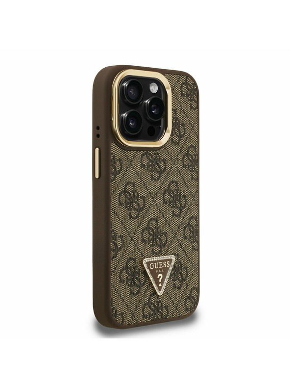 Guess Guess PU 4G Strass Triangle Logo Stand Camera Frame MagSafe Zadný kryt pre iPhone 15 Pro Max Brown
