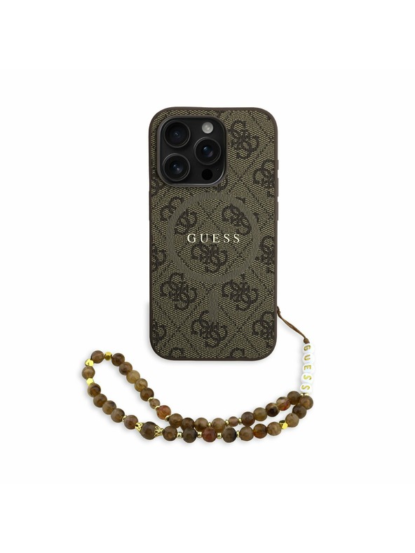 Guess Guess PU Koža 4G Farebný prsteň Popruh MagSafe Zadný kryt pre iPhone 15 Pro Brown