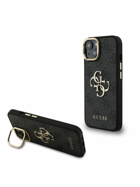 Guess Guess PU 4G Kovové logo Stand Camera Frame Zadný kryt pre iPhone 15 Black