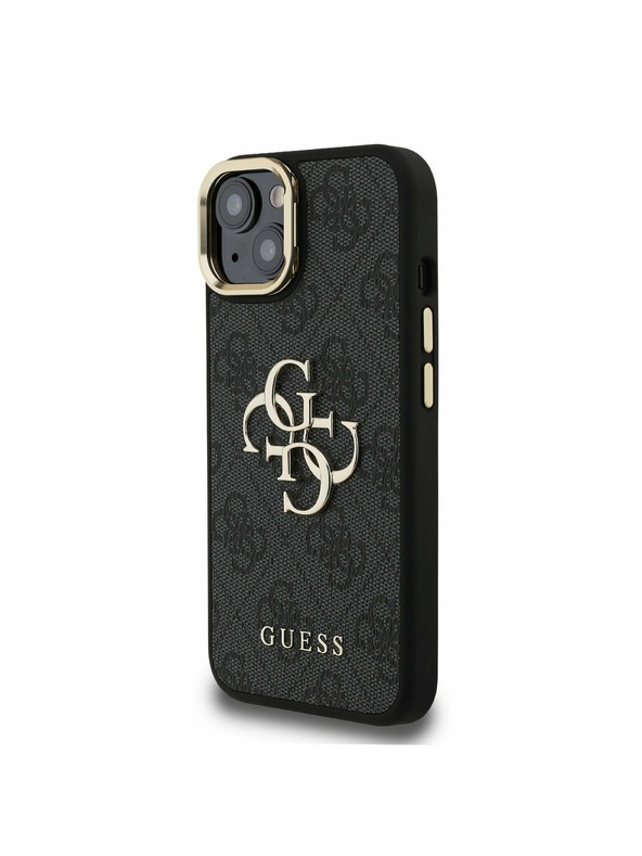 Guess Guess PU 4G Kovové logo Stand Camera Frame Zadný kryt pre iPhone 15 Black