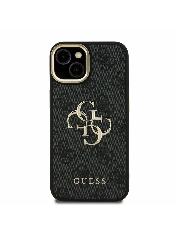 Guess Guess PU 4G Kovové logo Stand Camera Frame Zadný kryt pre iPhone 15 Black