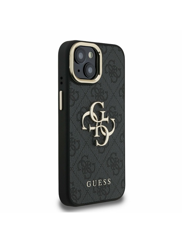 Guess Guess PU 4G Kovové logo Stand Camera Frame Zadný kryt pre iPhone 15 Black
