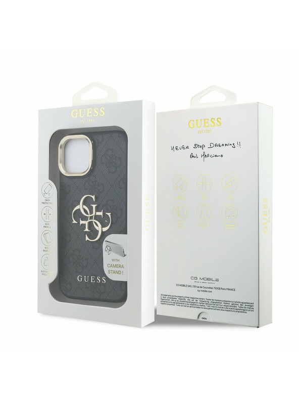 Guess Guess PU 4G Kovové logo Stand Camera Frame Zadný kryt pre iPhone 15 Black