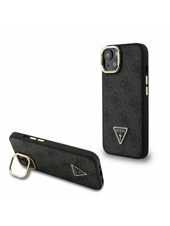 Guess Guess PU 4G Strass Triangle Logo Stand Camera Frame MagSafe Zadný kryt pre iPhone 15 Black
