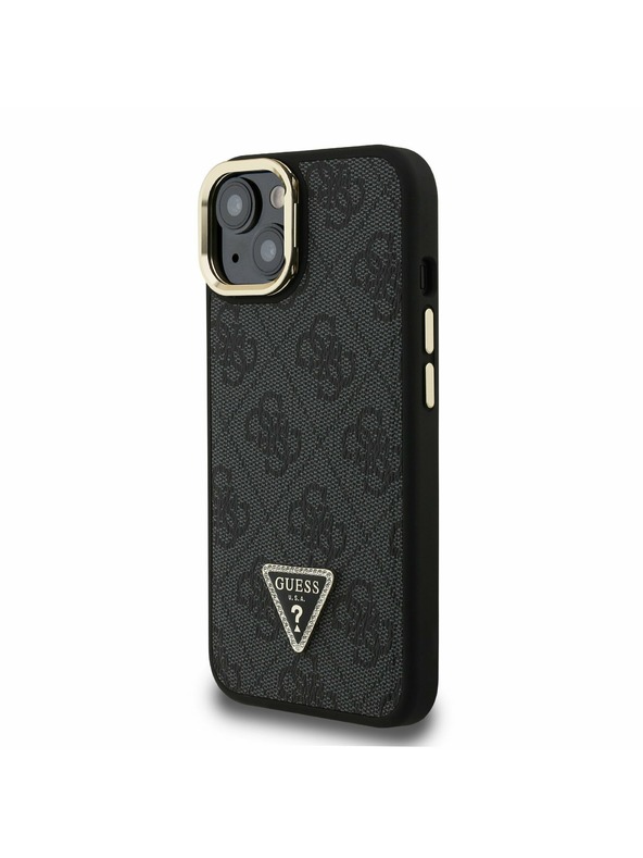 Guess Guess PU 4G Strass Triangle Logo Stand Camera Frame MagSafe Zadný kryt pre iPhone 15 Black
