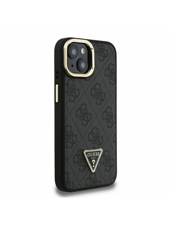 Guess Guess PU 4G Strass Triangle Logo Stand Camera Frame MagSafe Zadný kryt pre iPhone 15 Black