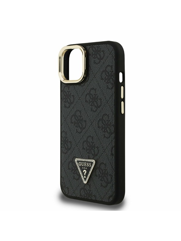 Guess Guess PU 4G Strass Triangle Logo Stand Camera Frame MagSafe Zadný kryt pre iPhone 15 Black