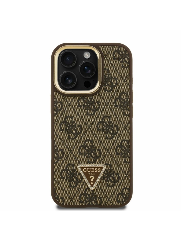 Guess Guess PU 4G Strass Triangle Logo Stand Camera Frame MagSafe Zadný kryt pre iPhone 16 Pro Brown