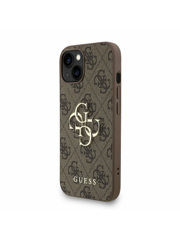Guess Guess PU 4G Kovové logo Popruh Zadný kryt pre iPhone 15 Brown